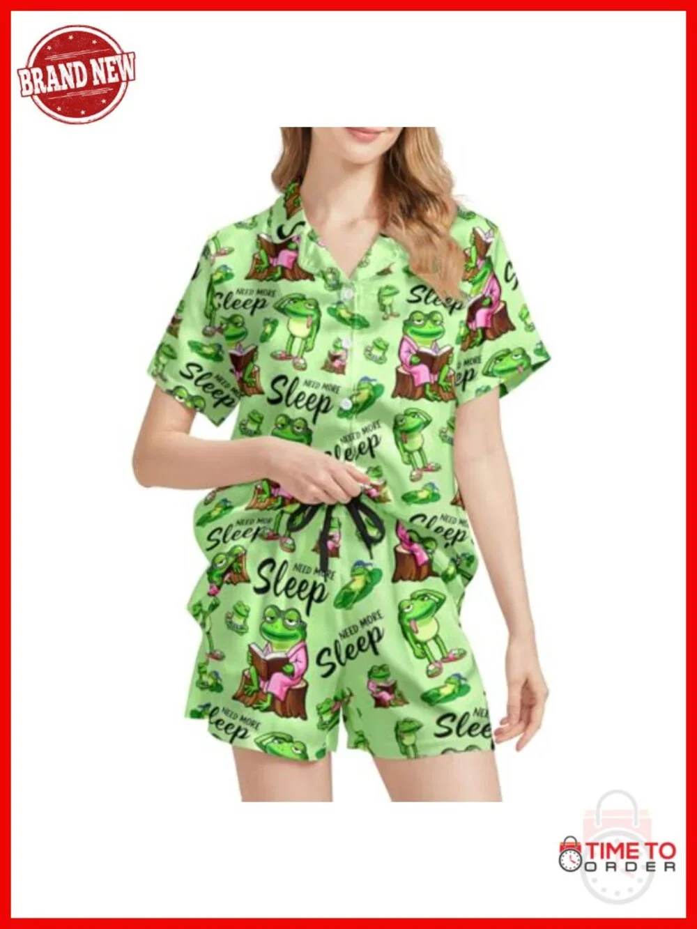 Funny Frog Print Pajama Set Short Sleeve Button Down Sleepwear Lounge Set